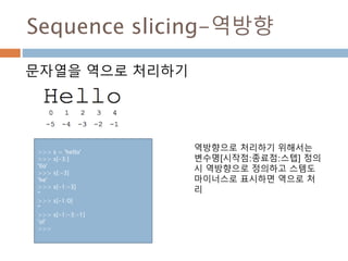 Sequence slicing-역방향
문자열을 역으로 처리하기
>>> s = 'hello'
>>> s[-3:]
'llo'
>>> s[:-3]
'he'
>>> s[-1:-3]
''
>>> s[-1:0]
''
>>> s[-1:-3:-1]
'ol'
>>>
역방향으로 처리하기 위해서는
변수명[시작점:종료점:스텝] 정의
시 역방향으로 정의하고 스템도
마이너스로 표시하면 역으로 처
리
 