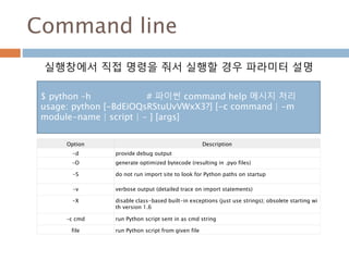 Command line
실행창에서 직접 명령을 줘서 실행할 경우 파라미터 설명
$ python –h # 파이썬 command help 메시지 처리
usage: python [-BdEiOQsRStuUvVWxX3?] [-c command | -m
module-name | script | - ] [args]
Option Description
-d provide debug output
-O generate optimized bytecode (resulting in .pyo files)
-S do not run import site to look for Python paths on startup
-v verbose output (detailed trace on import statements)
-X disable class-based built-in exceptions (just use strings); obsolete starting wi
th version 1.6
-c cmd run Python script sent in as cmd string
file run Python script from given file
 
