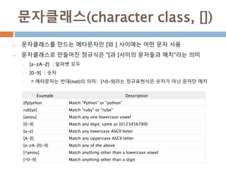 문자클래스(character class, [])
 문자클래스를 만드는 메타문자인 [와 ] 사이에는 어떤 문자 사용
 문자클래스로 만들어진 정규식은 "[과 ]사이의 문자들과 매치"라는 의미
• [a-zA-Z] : 알파벳 모두
• [0-9] : 숫자
• ^ 메타문자는 반대(not)의 의미: [^0-9]라는 정규표현식은 숫자가 아닌 문자만 매치
Example Description
[Pp]ython Match "Python" or "python"
rub[ye] Match "ruby" or "rube"
[aeiou] Match any one lowercase vowel
[0-9] Match any digit; same as [0123456789]
[a-z] Match any lowercase ASCII letter
[A-Z] Match any uppercase ASCII letter
[a-zA-Z0-9] Match any of the above
[^aeiou] Match anything other than a lowercase vowel
[^0-9] Match anything other than a digit
 