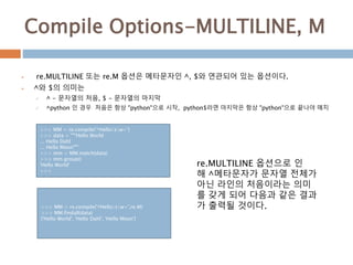 Compile Options-MULTILINE, M
 re.MULTILINE 또는 re.M 옵션은 메타문자인 ^, $와 연관되어 있는 옵션이다.
 ^와 $의 의미는
 ^ - 문자열의 처음, $ - 문자열의 마지막
 ^python 인 경우 처음은 항상 "python"으로 시작, python$라면 마지막은 항상 "python"으로 끝나야 매치
>>> MM = re.compile('^Hellosw+')
>>> data = """Hello World
... Hello Dahl
... Hello Moon"""
>>> mm = MM.match(data)
>>> mm.group()
'Hello World'
>>>
re.MULTILINE 옵션으로 인
해 ^메타문자가 문자열 전체가
아닌 라인의 처음이라는 의미
를 갖게 되어 다음과 같은 결과
가 출력될 것이다.>>> MM = re.compile('^Hellosw+',re.M)
>>> MM.findall(data)
['Hello World', 'Hello Dahl', 'Hello Moon']
 