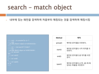 search – match object
 내부에 있는 패턴을 검색하여 처음부터 매칭되는 것을 검색하여 매칭시킴
Method 목적
group() 매치된 문자열을 리턴한다.
start()
매치된 문자열의 시작 위치를 리
턴한다.
end()
매치된 문자열의 끝 위치를 리턴
한다.
span()
매치된 문자열의 (시작, 끝) 에 해
당되는 튜플을 리턴한다
>>> mat = re.compile("[a-z]+")
>>> mat
<_sre.SRE_Pattern object at 0x063D2C60>
>>>
>>> so1 = mat.search("123abc")
>>> so1
<_sre.SRE_Match object at 0x06556608>
>>> so1.group()
'abc'
>>> so1.start()
3
>>> so1.end()
6
>>> so1.span()
(3, 6)
>>>
 