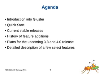 FOSDEM, 30 January 2016 2
● Introduction into Gluster
● Quick Start
● Current stable releases
● History of feature additions
● Plans for the upcoming 3.8 and 4.0 release
● Detailed description of a few select features
Agenda
 