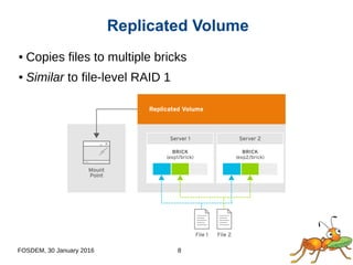 FOSDEM, 30 January 2016 8
Replicated Volume
● Copies files to multiple bricks
● Similar to file-level RAID 1
 
