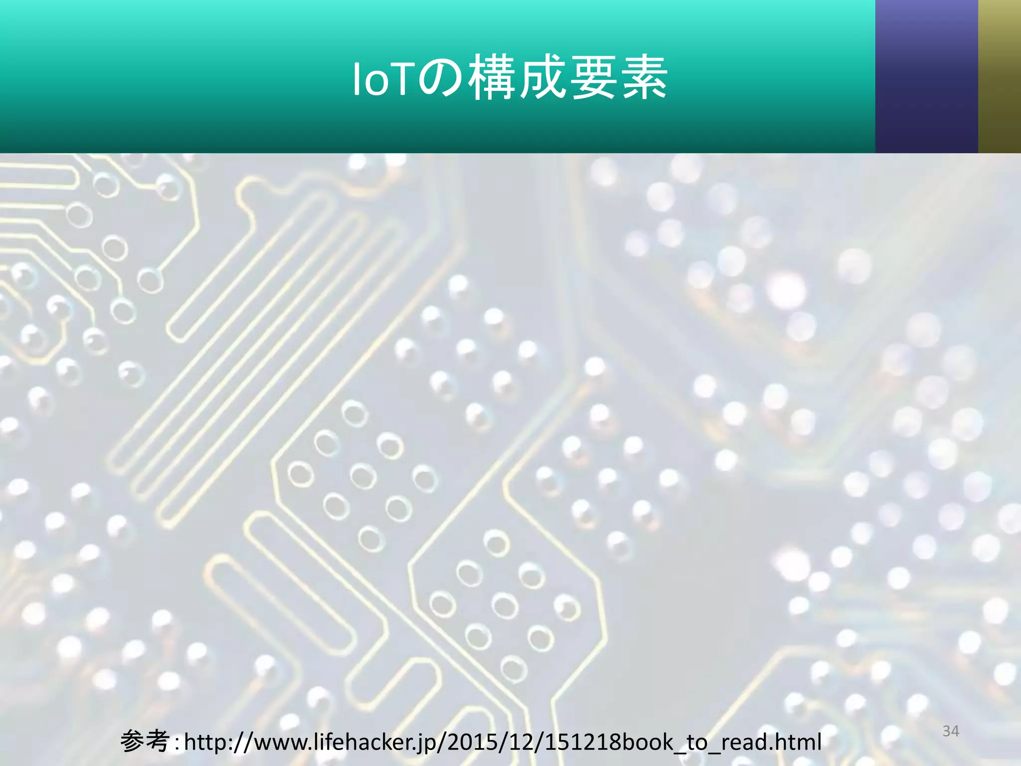 IoTの構成要素
34
参考：http://www.lifehacker.jp/2015/12/151218book_to_read.html
 