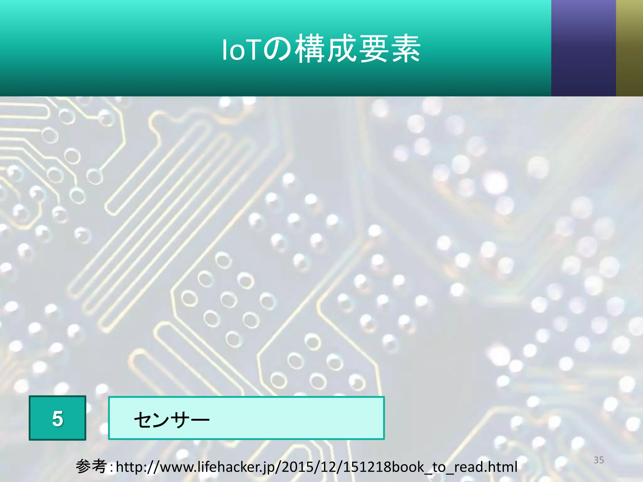 IoTの構成要素
35
5 センサー
参考：http://www.lifehacker.jp/2015/12/151218book_to_read.html
 