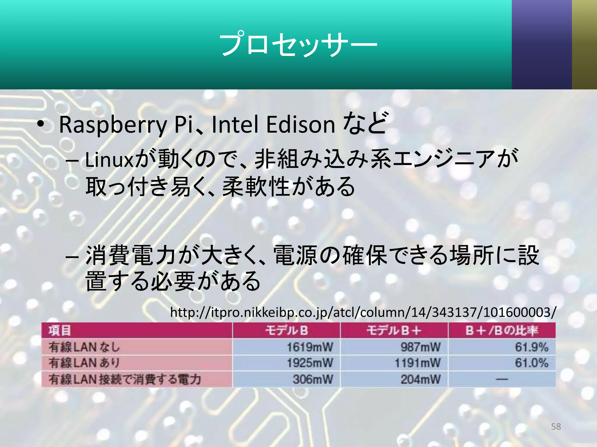 プロセッサー
• Raspberry Pi、Intel Edison など
– Linuxが動くので、非組み込み系エンジニアが
取っ付き易く、柔軟性がある
– 消費電力が大きく、電源の確保できる場所に設
置する必要がある
58
http://itpro.nikkeibp.co.jp/atcl/column/14/343137/101600003/
 
