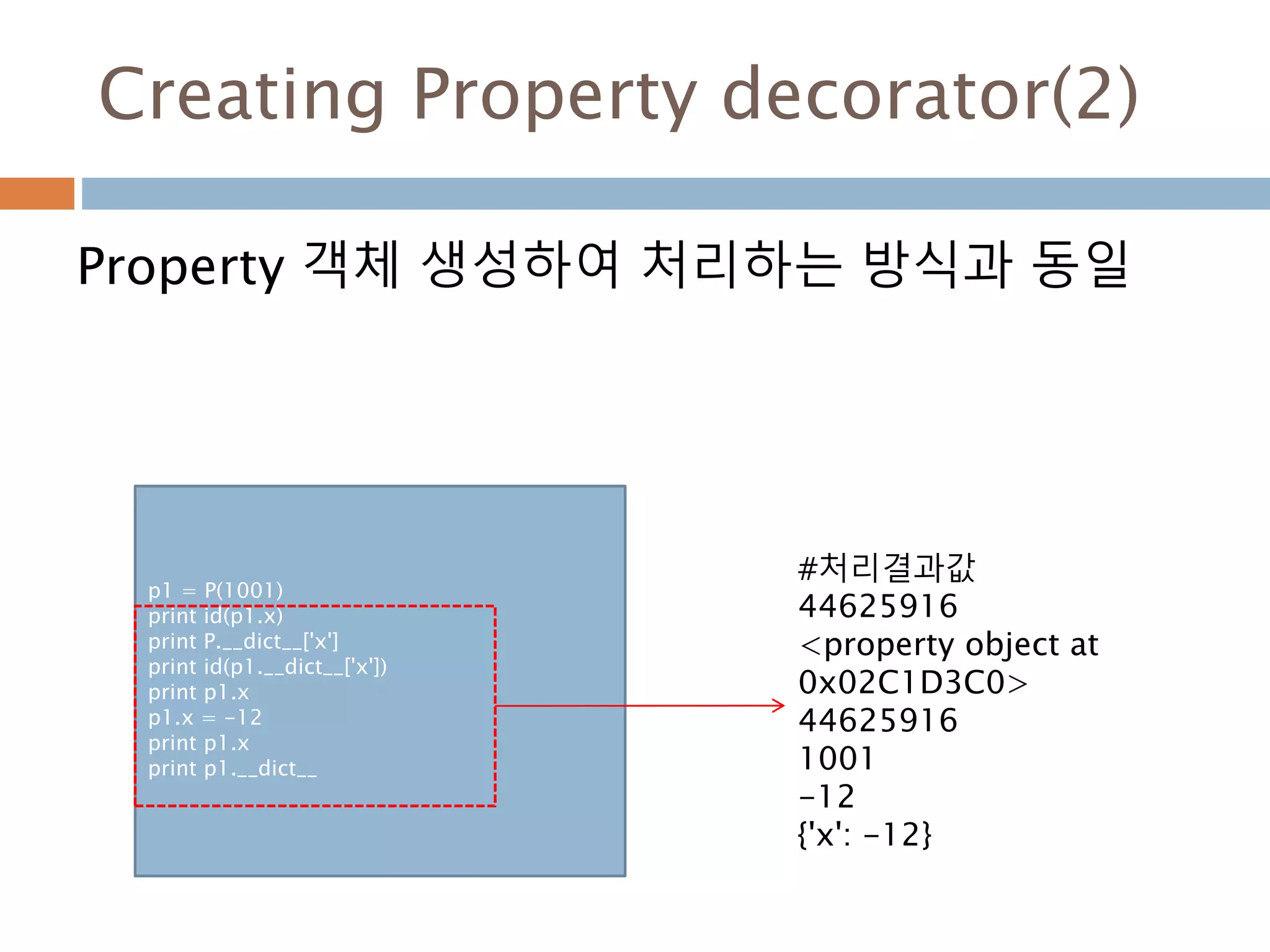 Creating Property decorator(2)
Property 객체 생성하여 처리하는 방식과 동일
p1 = P(1001)
print id(p1.x)
print P.__dict__['x']
print id(p1.__dict__['x'])
print p1.x
p1.x = -12
print p1.x
print p1.__dict__
#처리결과값
44625916
<property object at
0x02C1D3C0>
44625916
1001
-12
{'x': -12}
 