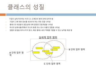 클래스의 성질
 기업이 실제 처리하는 비즈니스 도메인의 범위 안에 있어야 함
 기업이 그에 대한 정보를 보관코자 하는 어떤 것을 나타냄
 클래스의 속성들의 응집성에 의해 결정된 단일개념을 나타냄
 하나의 실제사물(객체)이 아니라 동종 또는 유사 사물의 집합을 나타냄
 집합의 본질을 희석시키지 않고, 해당 클래스내의 객체를 구별할 수 있는 능력을 제공 함
B 단위 업무 영역
A 단위 업무 영
역
C 단위 업무 영역
실세계 업무 범위
 