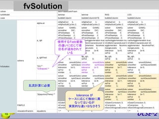 19
使用するField変数
の違いに応じて項
目名が追加されて
いる
tolerance が
ケースに応じて微妙に異
なってはいるが
実質的な違いはなさそう
乱流計算に必要
fvSolution
 