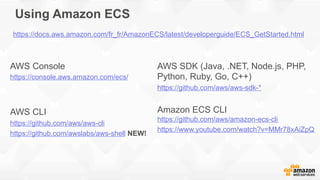 Using Amazon ECS
AWS Console
https://console.aws.amazon.com/ecs/
AWS CLI
https://github.com/aws/aws-cli
https://github.com...