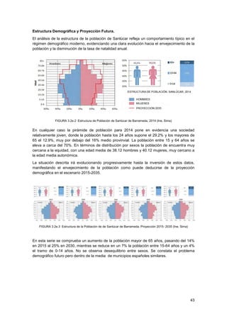 43
Estructura Demográfica y Proyección Futura.
El análisis de la estructura de la población de Sanlúcar refleja un comportamiento típico en el
régimen demográfico moderno, evidenciando una clara evolución hacia el envejecimiento de la
población y la disminución de la tasa de natalidad anual.
FIGURA 3.2e.2 Estructura de Población de Sanlúcar de Barrameda, 2014 (Ine, Sima)
En cualquier caso la pirámide de población para 2014 pone en evidencia una sociedad
relativamente joven, donde la población hasta los 24 años supone el 29.2% y los mayores de
65 el 12.9%, muy por debajo del 16% medio provinvial. La población entre 15 y 64 años se
eleva a cerca del 70%. En términos de distribución por sexos la población de encuentra muy
cercana a la equidad, con una edad media de 38.12 hombres y 40.12 mujeres, muy cercano a
la edad media autonómica.
La situación descrita irá evolucionando progresivamente hasta la inversión de estos datos,
manifestando el envejecimiento de la población como puede deducirse de la proyección
demográfica en el escenario 2015-2035.
FIGURA 3.2e.3 Estructura de la Población de de Sanlúcar de Barrameda. Proyección 2015- 2035 (Ine, Sima)
En esta serie se comprueba un aumento de la población mayor de 65 años, pasando del 14%
en 2015 al 25% en 2030, mientras se reduce en un 7% la población entre 15-64 años y un 4%
el tramo de 0-14 años. No se observa desequilibrio entre sexos. Se constata el problema
demográfico futuro pero dentro de la media de municipios españoles similares.
 