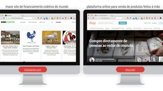 kickstarter.com etsy.com
plataforma online para venda de produtos feitos à mãomaior site de ﬁnanciamento coletivo do mundo
 