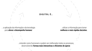 .. a aplicação da informação e da tecnologia
para elevar o desempenho humano!
.. utilizar a informação para tomar
melhores e mais rápidas decisões.
digital é..
.. entender como funcionam e podem ser melhorados todos os processos,
desenvolvendo formas mais interactivas e eﬁcientes de operar.
 