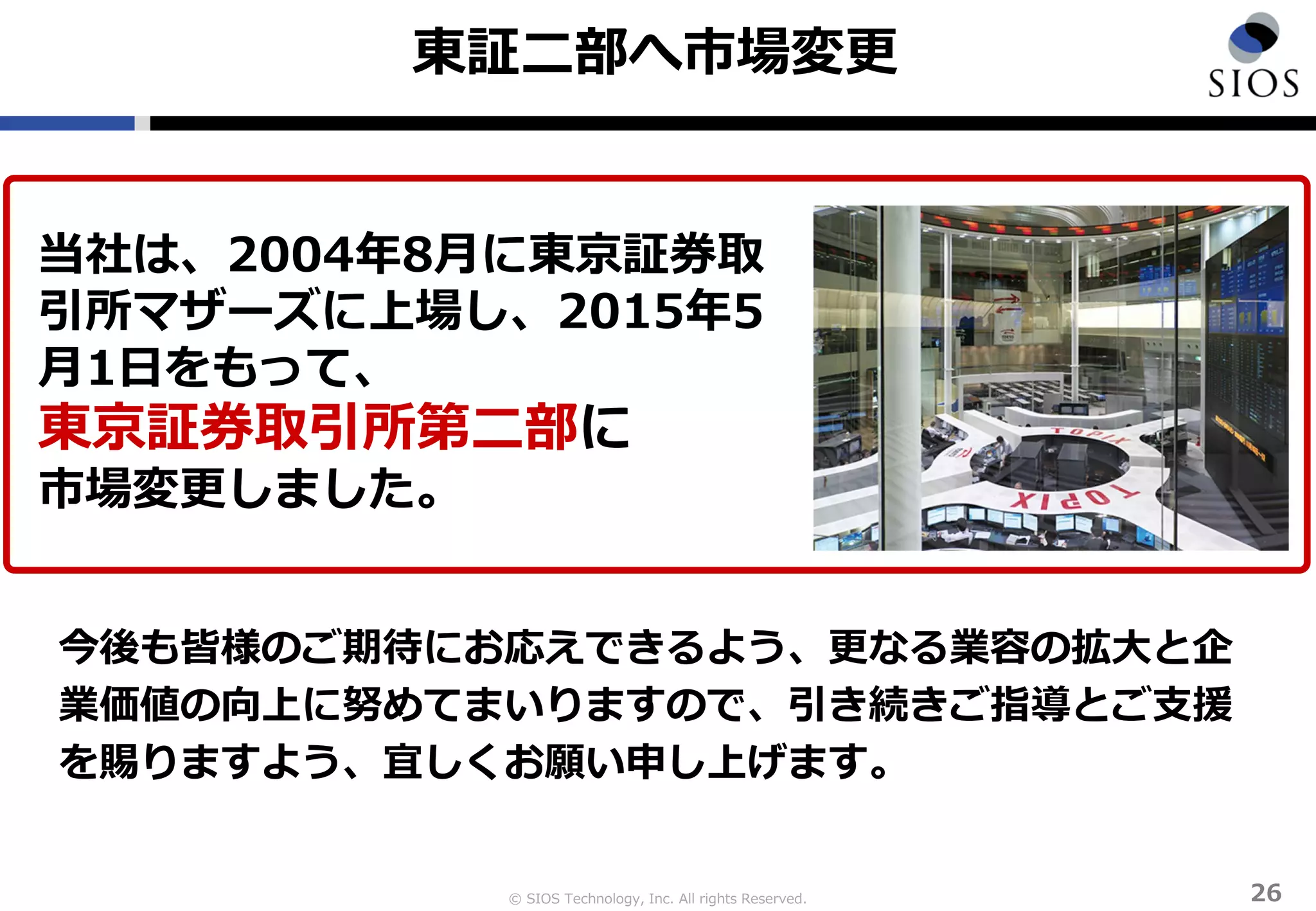 © SIOS Technology, Inc. All rights Reserved.
東証二部へ市場変更
26
当社は、2004年8月に東京証券取
引所マザーズに上場し、2015年5
月1日をもって、
東京証券取引所第二部に
市場変更しました。
今後も皆様のご期待にお応えできるよう、更なる業容の拡大と企
業価値の向上に努めてまいりますので、引き続きご指導とご支援
を賜りますよう、宜しくお願い申し上げます。
 