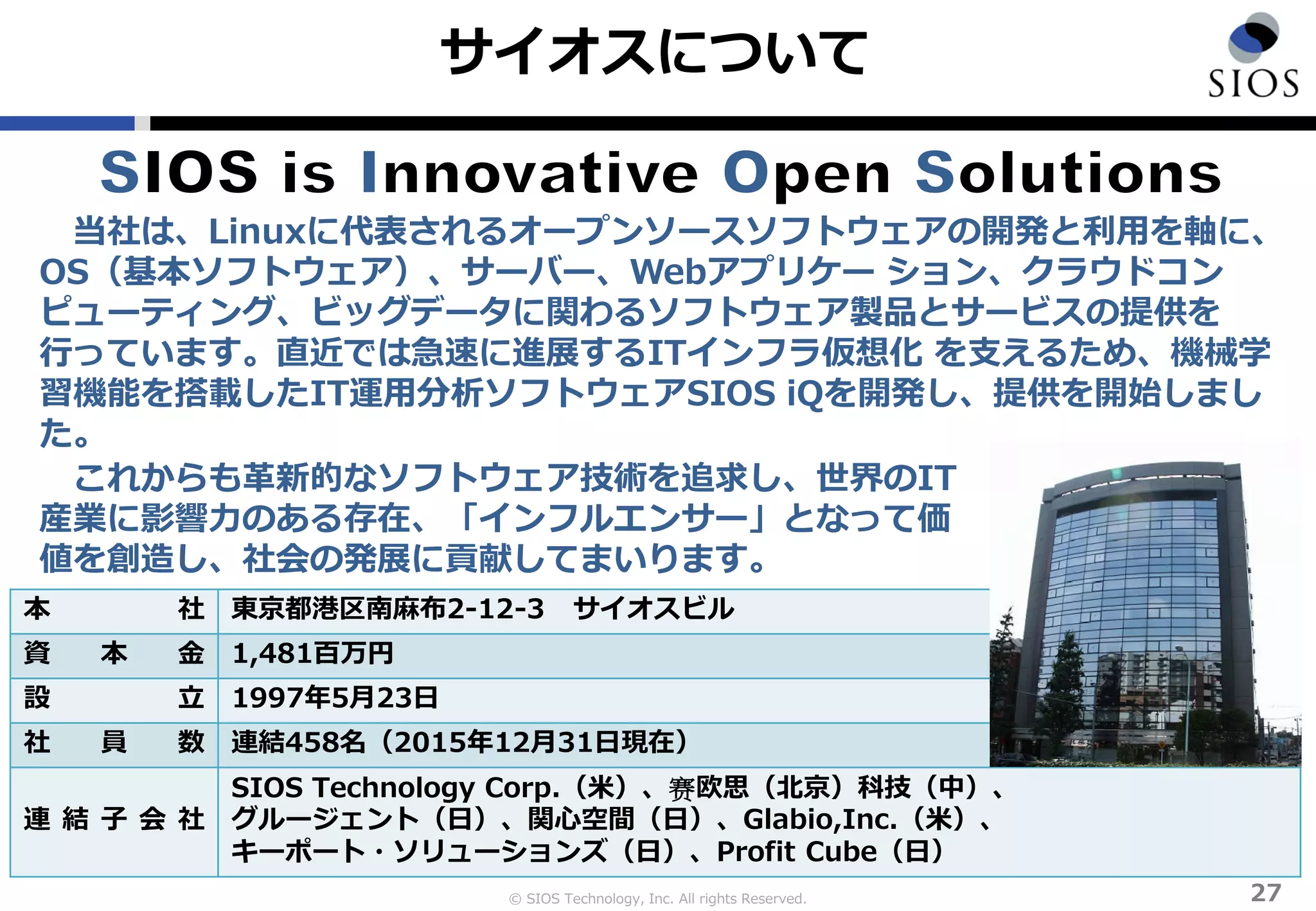© SIOS Technology, Inc. All rights Reserved.
本 社 東京都港区南麻布2-12-3 サイオスビル
資 本 金 1,481百万円
設 立 1997年5月23日
社 員 数 連結458名（2015年12月31日現在）
連 結 子 会 社
SIOS Technology Corp.（米）、赛欧思（北京）科技（中）、
グルージェント（日）、関心空間（日）、Glabio,Inc.（米）、
キーポート・ソリューションズ（日）、Profit Cube（日）
サイオスについて
27
当社は、Linuxに代表されるオープンソースソフトウェアの開発と利用を軸に、
OS（基本ソフトウェア）、サーバー、Webアプリケー ション、クラウドコン
ピューティング、ビッグデータに関わるソフトウェア製品とサービスの提供を
行っています。直近では急速に進展するITインフラ仮想化 を支えるため、機械学
習機能を搭載したIT運用分析ソフトウェアSIOS iQを開発し、提供を開始しまし
た。
これからも革新的なソフトウェア技術を追求し、世界のIT
産業に影響力のある存在、「インフルエンサー」となって価
値を創造し、社会の発展に貢献してまいります。
 