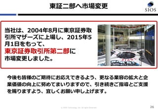 © SIOS Technology, Inc. All rights Reserved.
東証二部へ市場変更
26
当社は、2004年8月に東京証券取
引所マザーズに上場し、2015年5
月1日をもって、
東京証券取引所第二部に
市場変更しました。
今後も皆様のご期待にお応えできるよう、更なる業容の拡大と企
業価値の向上に努めてまいりますので、引き続きご指導とご支援
を賜りますよう、宜しくお願い申し上げます。
 