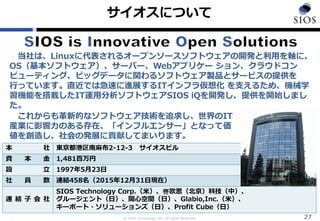 © SIOS Technology, Inc. All rights Reserved.
本 社 東京都港区南麻布2-12-3 サイオスビル
資 本 金 1,481百万円
設 立 1997年5月23日
社 員 数 連結458名（2015年12月31日現在）
連 結 子 会 社
SIOS Technology Corp.（米）、赛欧思（北京）科技（中）、
グルージェント（日）、関心空間（日）、Glabio,Inc.（米）、
キーポート・ソリューションズ（日）、Profit Cube（日）
サイオスについて
27
当社は、Linuxに代表されるオープンソースソフトウェアの開発と利用を軸に、
OS（基本ソフトウェア）、サーバー、Webアプリケー ション、クラウドコン
ピューティング、ビッグデータに関わるソフトウェア製品とサービスの提供を
行っています。直近では急速に進展するITインフラ仮想化 を支えるため、機械学
習機能を搭載したIT運用分析ソフトウェアSIOS iQを開発し、提供を開始しまし
た。
これからも革新的なソフトウェア技術を追求し、世界のIT
産業に影響力のある存在、「インフルエンサー」となって価
値を創造し、社会の発展に貢献してまいります。
 