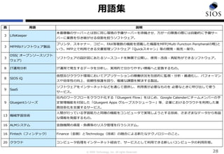 © SIOS Technology, Inc. All rights Reserved.
用語集
28
頁 用語 説明
3 LifeKeeper
本番稼働のサーバーとは別に同じ環境の予備サーバーを待機させ、万が一の障害の際には自動的に予備サー
バーに業務を引き継がせる役割を担うソフトウェア。
3 MFP向けソフトウェア製品
プリンタ、スキャナー、コピー、FAX等複数の機能を搭載した機器をMFP(Multi Function Peripheralの略)と
いう。MFP上で利用できる文書管理ソフトウェア「Quickスキャン」等の開発・販売・保守。
3
OSS( オープンソースソフト
ウェア)
ソフトウェアの設計図にあたるソースコードを無償で公開し、使用・改良・再配布ができるソフトウェア。
8 IT運用分析 IT運用で発生するデータを分析し、実用的で分かりやすい情報へと変換するもの。
8 SIOS iQ
仮想及びクラウド環境においてアプリケーションの稼働状況を包括的に監視・分析・最適化し、パフォーマン
スや効率性の向上、信頼性保護を図り、複雑な課題を解決する製品。
9 SaaS
ソフトウェアをインターネットなどを通じて提供し、利用者が必要なものを 必要なときに呼び出して使う
サービス。
9 Gluegentシリーズ
社内のワークフローをクラウド化する「Gluegent Flow」をはじめ、Google Calenderにチームメンバーの予
定管理機能を付加した「Gluegent Apps グループスケジューラー」等、企業におけるクラウドを利用した業
務効率化を支援するサービス。
13 機械学習技術
人間が行っている学習能力と同様の機能をコンピュータで実現しようとする技術、さまざまなデータから有益
な情報を発掘するもの。
16 ALMシステム 金融機関の資産・負債等のリスク管理を行うシステム。
16 Fintech（フィンテック） Finance（金融）とTechnology（技術）の融合による新たなテクノロジーのこと。
20 クラウド コンピュータ処理をインターネット経由で、サービスとして利用できる新しいコンピュータの利用形態。
 