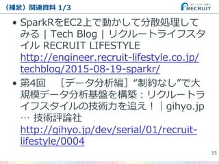 •  SparkRをEC2上で動かして分散処理理して
みる  |  Tech  Blog  |  リクルートライフスタ
イル  RECRUIT  LIFESTYLE
http://engineer.recruit-‐‑‒lifestyle.co.jp/
techblog/2015-‐‑‒08-‐‑‒19-‐‑‒sparkr/
•  第4回 　［データ分析編］“制約なし”で⼤大
規模データ分析基盤を構築：リクルートラ
イフスタイルの技術⼒力力を追え！｜gihyo.jp  
…  技術評論論社
http://gihyo.jp/dev/serial/01/recruit-‐‑‒
lifestyle/0004
（補⾜足）関連資料料  1/3
33�
 