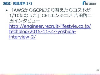 •  「AWSからGCPに切切り替えたらコストが
1/10になった」CETエンジニア  吉⽥田啓⼆二
⽒氏インタビュー
http://engineer.recruit-‐‑‒lifestyle.co.jp/
techblog/2015-‐‑‒11-‐‑‒27-‐‑‒yoshida-‐‑‒
interview-‐‑‒2/
（補⾜足）関連資料料  3/3
35�
 