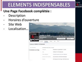 Une Page Facebook complétée :
- Description
- Horaires d’ouverture
- Site Web
- Localisation…
 