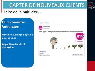 Faire de la publicité…
Faire connaître
Votre page
Obtenir davantage de j’aime
pour sa page
Apparition dans le fil
d’actualité
 