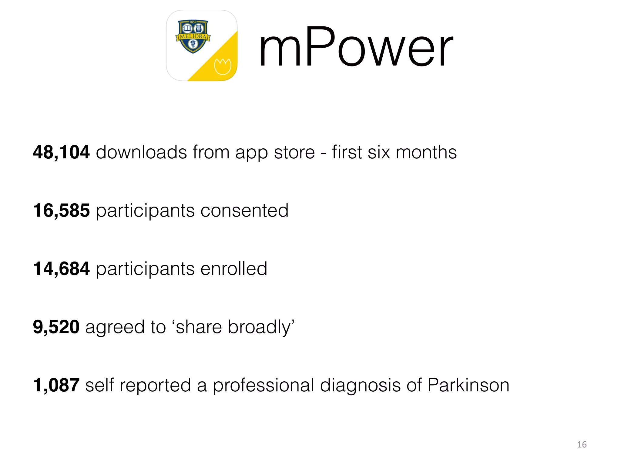 16
48,104 downloads from app store - ﬁrst six months
16,585 participants consented
14,684 participants enrolled
9,520 agreed to ‘share broadly’
1,087 self reported a professional diagnosis of Parkinson
mPower
 