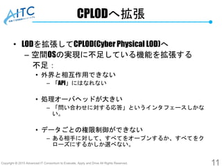 Copyright © 2015 Advanced IT Consortium to Evaluate, Apply and Drive All Rights Reserved.
CPLODへ拡張
• LODを拡張してCPLOD(Cyber Physical LOD)へ
– 空間OSの実現に不足している機能を拡張する
不足：
• 外界と相互作用できない
– 「API」にはなれない
• 処理オーバヘッドが大きい
– 「問い合わせに対する応答」というインタフェースしかな
い。
• データごとの権限制御ができない
– ある相手に対して、すべてをオープンするか、すべてをク
ローズにするかしか選べない。
11
 