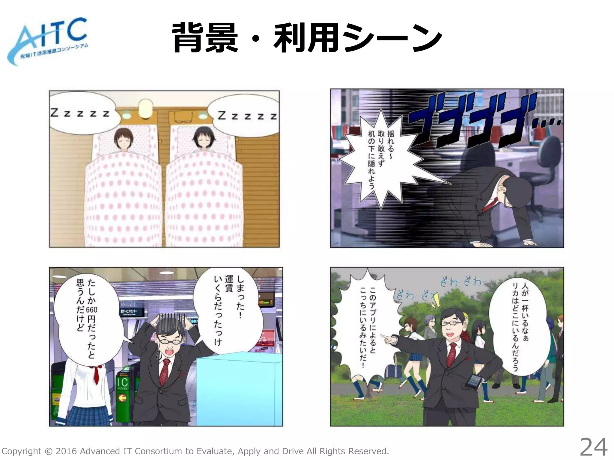 Copyright © 2016 Advanced IT Consortium to Evaluate, Apply and Drive All Rights Reserved.
背景・利用シーン
24
 