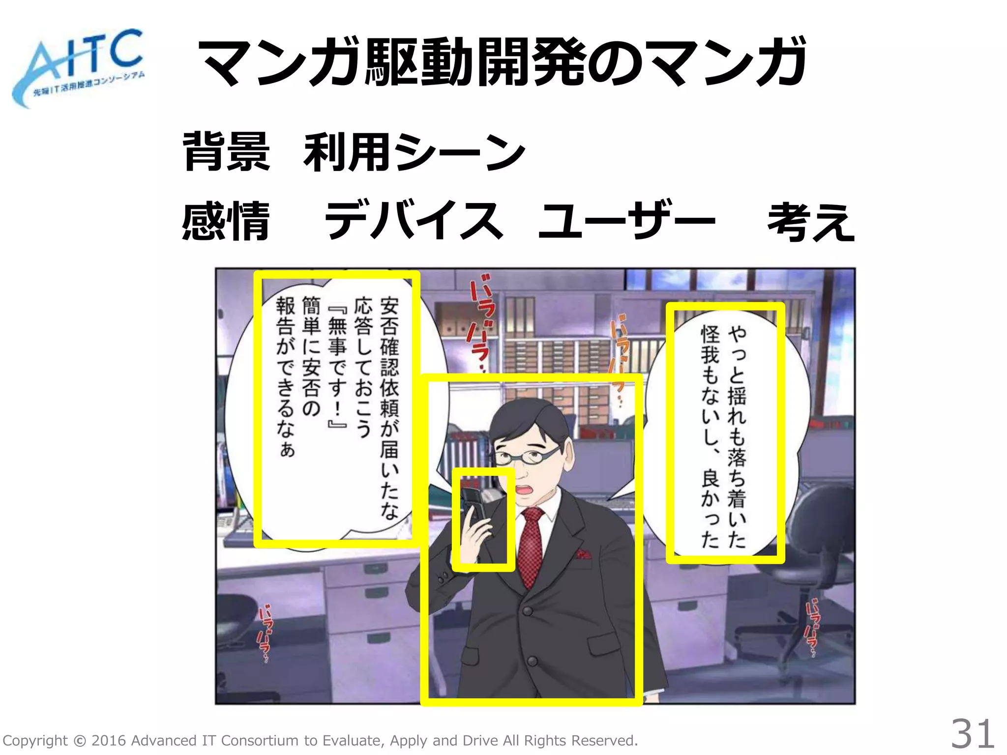 Copyright © 2016 Advanced IT Consortium to Evaluate, Apply and Drive All Rights Reserved. 31
マンガ駆動開発のマンガ
背景 利用シーン
考えデバイス ユーザー感情
 