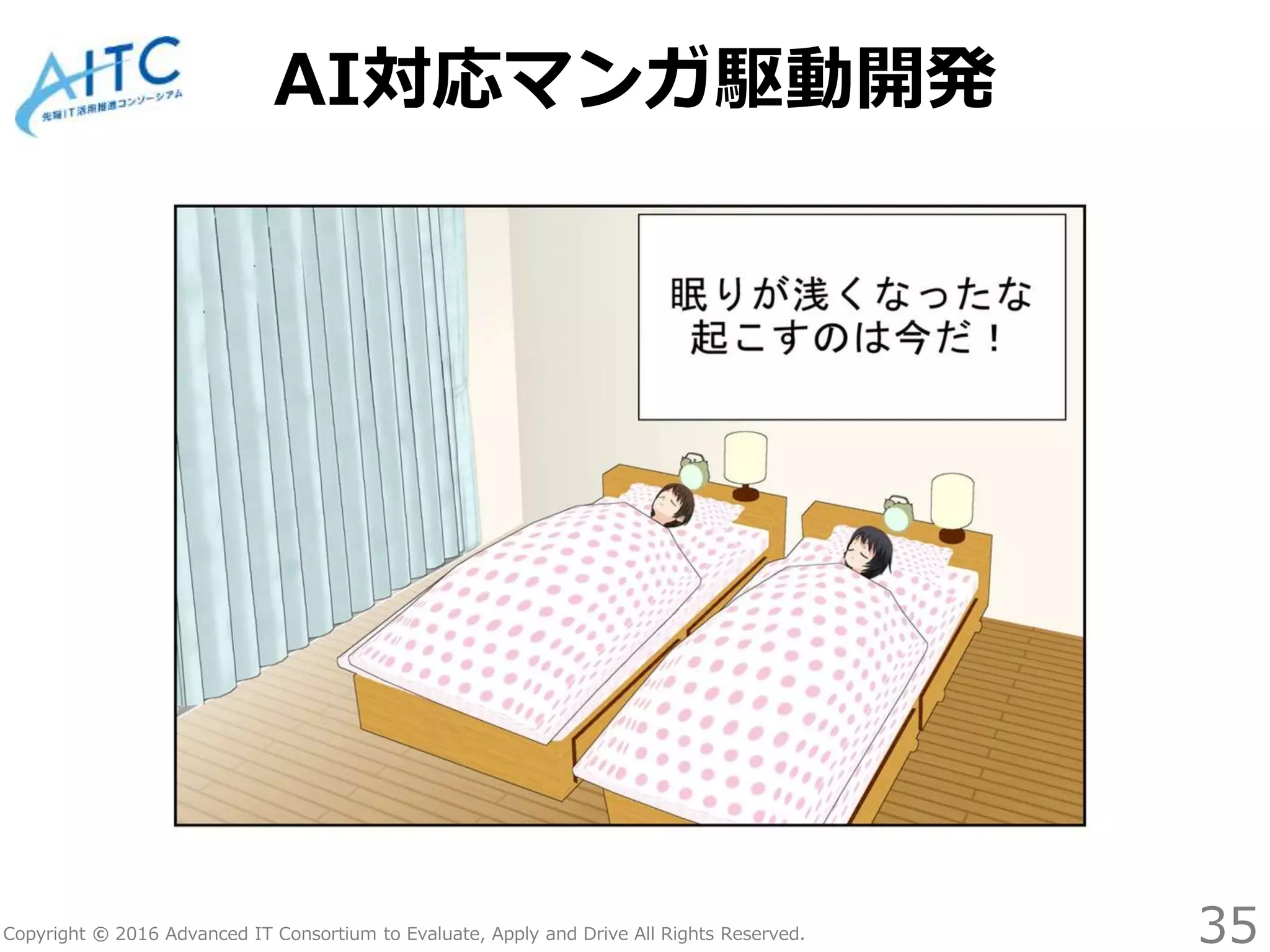 Copyright © 2016 Advanced IT Consortium to Evaluate, Apply and Drive All Rights Reserved.
AI対応マンガ駆動開発
35
 