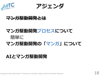 Copyright © 2016 Advanced IT Consortium to Evaluate, Apply and Drive All Rights Reserved.
アジェンダ
マンガ駆動開発とは
マンガ駆動開発プロセスについて
簡単に
マンガ駆動開発の「マンガ」について
AIとマンガ駆動開発
18
 