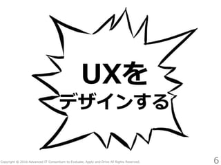 Copyright © 2016 Advanced IT Consortium to Evaluate, Apply and Drive All Rights Reserved.
UXを
デザインする
6
 
