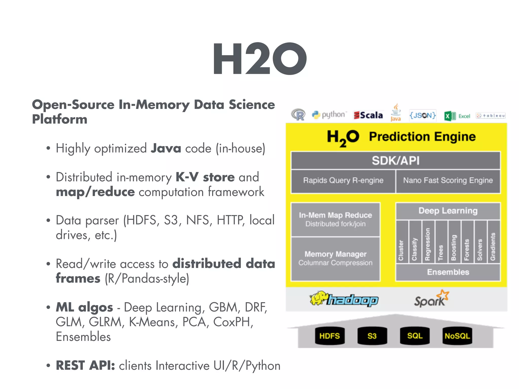 H2O
Open-Source In-Memory Data Science
Platform
• Highly optimized Java code (in-house)
• Distributed in-memory K-V store and
map/reduce computation framework
• Data parser (HDFS, S3, NFS, HTTP, local
drives, etc.)
• Read/write access to distributed data
frames (R/Pandas-style)
• ML algos - Deep Learning, GBM, DRF,
GLM, GLRM, K-Means, PCA, CoxPH,
Ensembles
• REST API: clients Interactive UI/R/Python
 