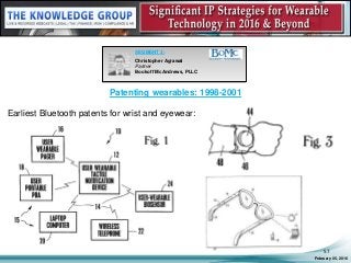 February 05, 2016
57
SEGMENT 3:
Christopher Agrawal
Partner
Bookoff McAndrews, PLLC
Patenting wearables: 1998-2001
Earliest Bluetooth patents for wrist and eyewear:
 