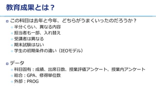 教育成果とは？
 この科目は去年と今年、どちらがうまくいったのだろうか？
 半分くらい、異なる内容
 担当者も一部、入れ替え
 受講者は異なる
 期末試験はない
 学生の初期条件の違い（IEOモデル）
 データ
 科目固有：成績、出席日数、授業評価アンケート、授業内アンケート
 総合：GPA、修得単位数
 外部：PROG
 