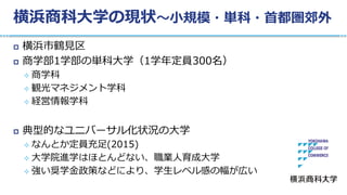 横浜商科大学の現状〜小規模・単科・首都圏郊外
 横浜市鶴見区
 商学部1学部の単科大学（1学年定員300名）
 商学科
 観光マネジメント学科
 経営情報学科
 典型的なユニバーサル化状況の大学
 なんとか定員充足(2015)
 大学院進学はほとんどない、職業人育成大学
 強い奨学金政策などにより、学生レベル感の幅が広い
 