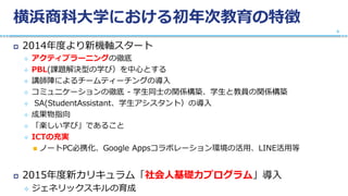 横浜商科大学における初年次教育の特徴
 2014年度より新機軸スタート
 アクティブラーニングの徹底
 PBL(課題解決型の学び）を中心とする
 講師陣によるチームティーチングの導入
 コミュニケーションの徹底 - 学生同士の関係構築、学生と教員の関係構築
 SA(StudentAssistant、学生アシスタント）の導入
 成果物指向
 「楽しい学び」であること
 ICTの充実
 ノートPC必携化、Google Appsコラボレーション環境の活用、LINE活用等
 2015年度新カリキュラム「社会人基礎力プログラム」導入
 ジェネリックスキルの育成
5
 