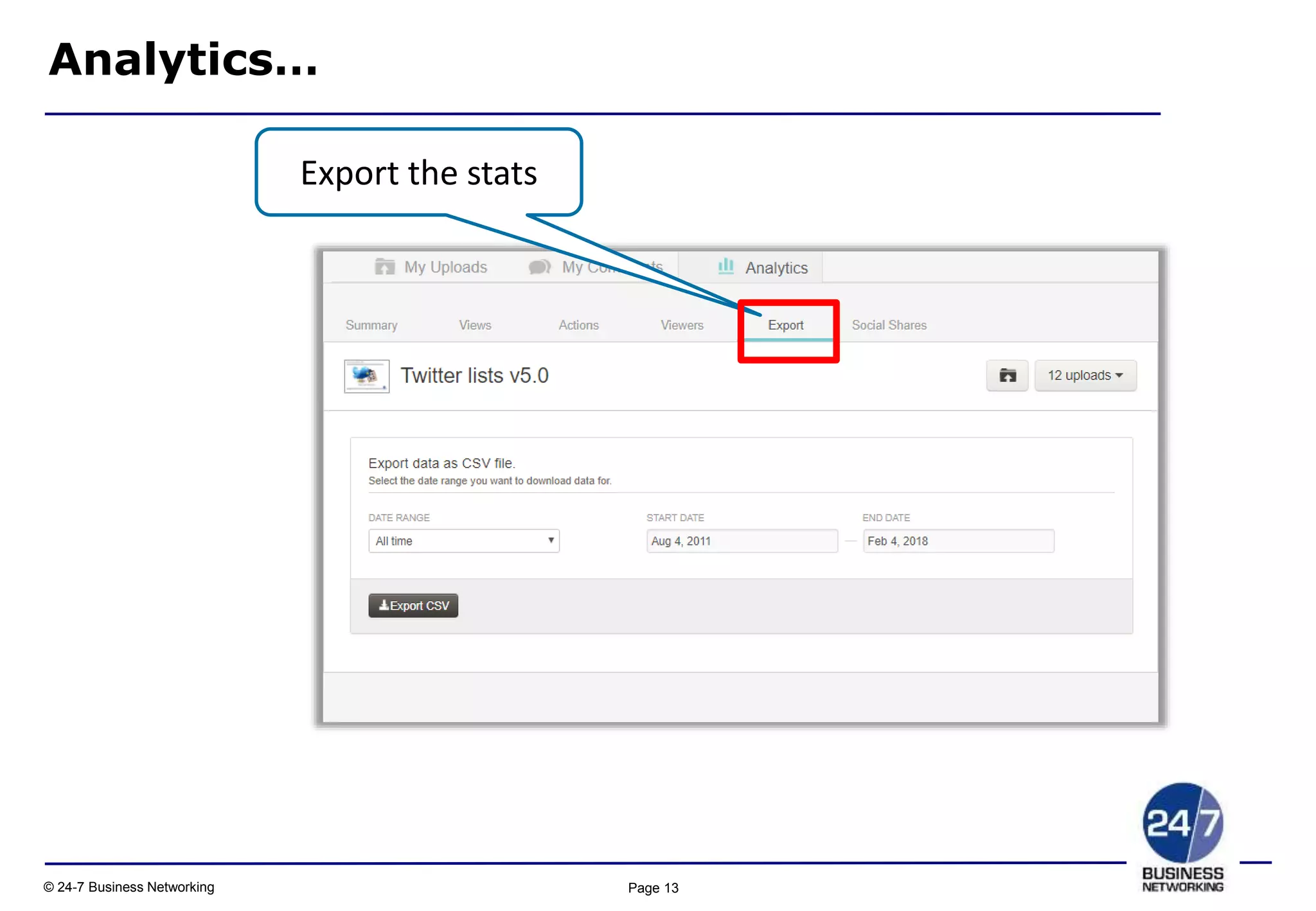 Page 13© 24-7 Business Networking
Analytics…
Export the stats
 