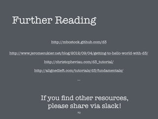 Further Reading
70
http://mbostock.github.com/d3
http://www.jeromecukier.net/blog/2012/09/04/getting-to-hello-world-with-d3/
http://christopheviau.com/d3_tutorial/
http://alignedleft.com/tutorials/d3/fundamentals/
...
If you ﬁnd other resources,
please share via slack!
 