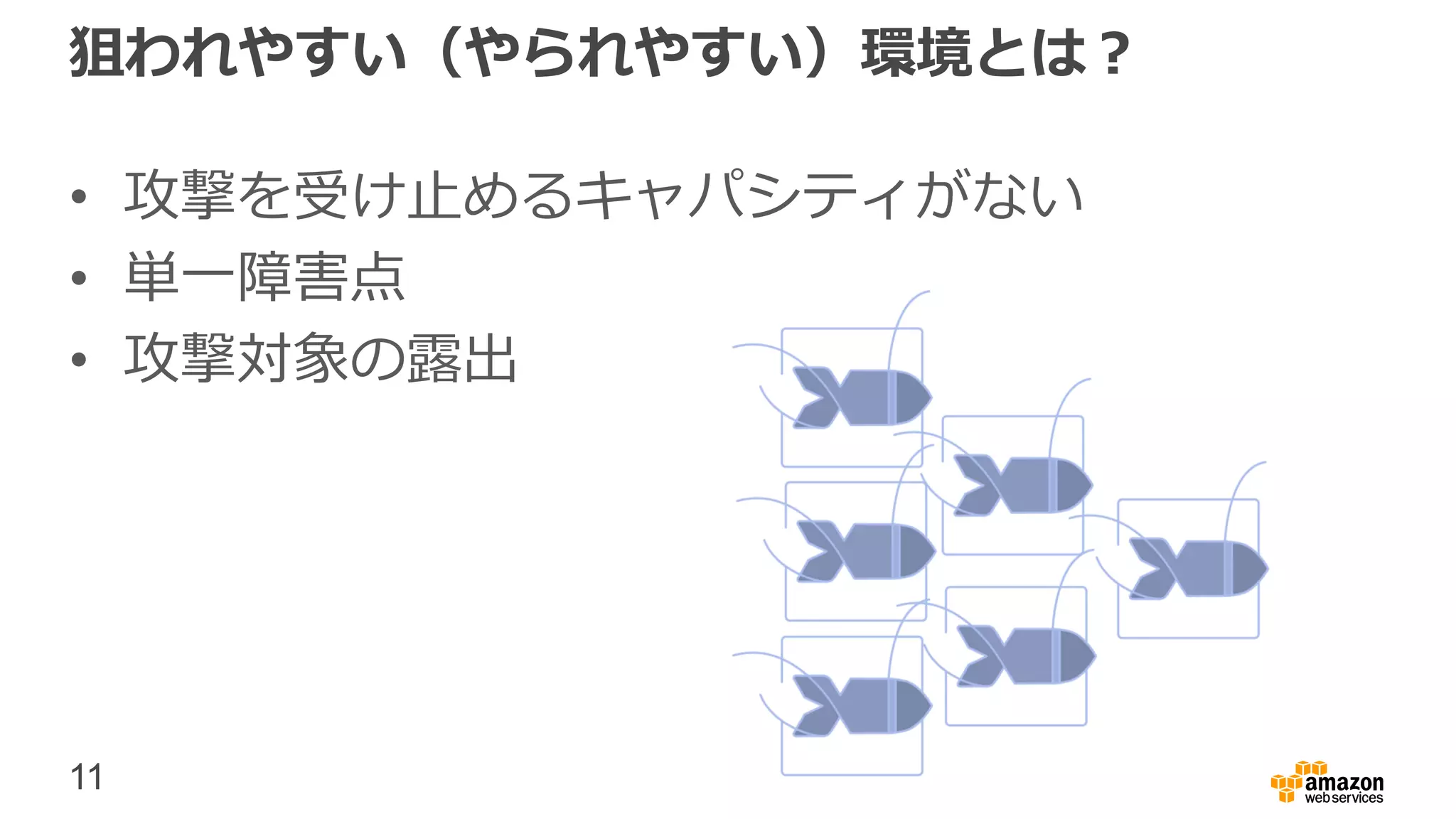 11
狙われやすい（やられやすい）環境とは？
• 攻撃を受け止めるキャパシティがない
• 単一障害点
• 攻撃対象の露出
 