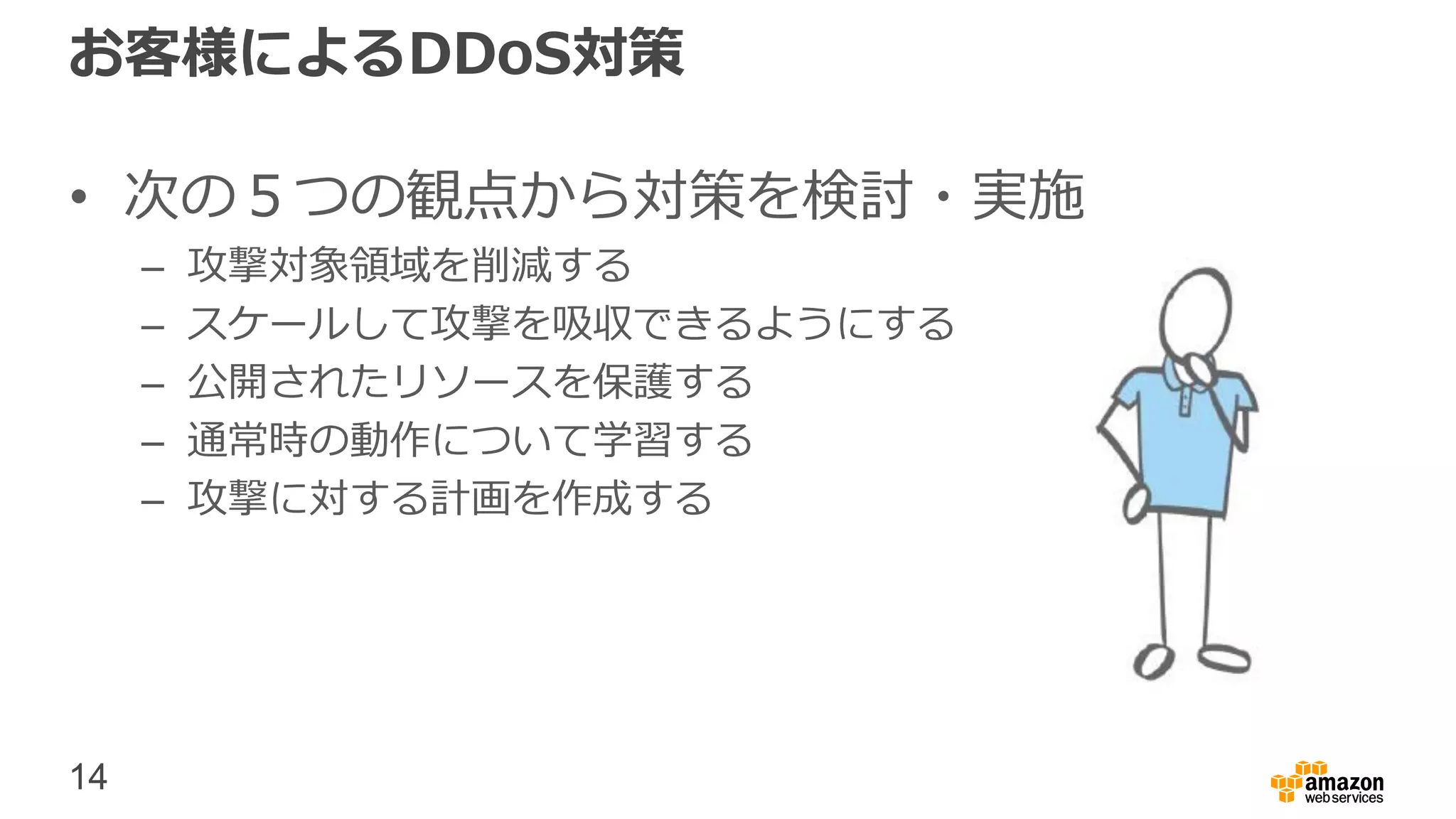14
お客様によるDDoS対策
• 次の５つの観点から対策を検討・実施
– 攻撃対象領域を削減する
– スケールして攻撃を吸収できるようにする
– 公開されたリソースを保護する
– 通常時の動作について学習する
– 攻撃に対する計画を作成する
 