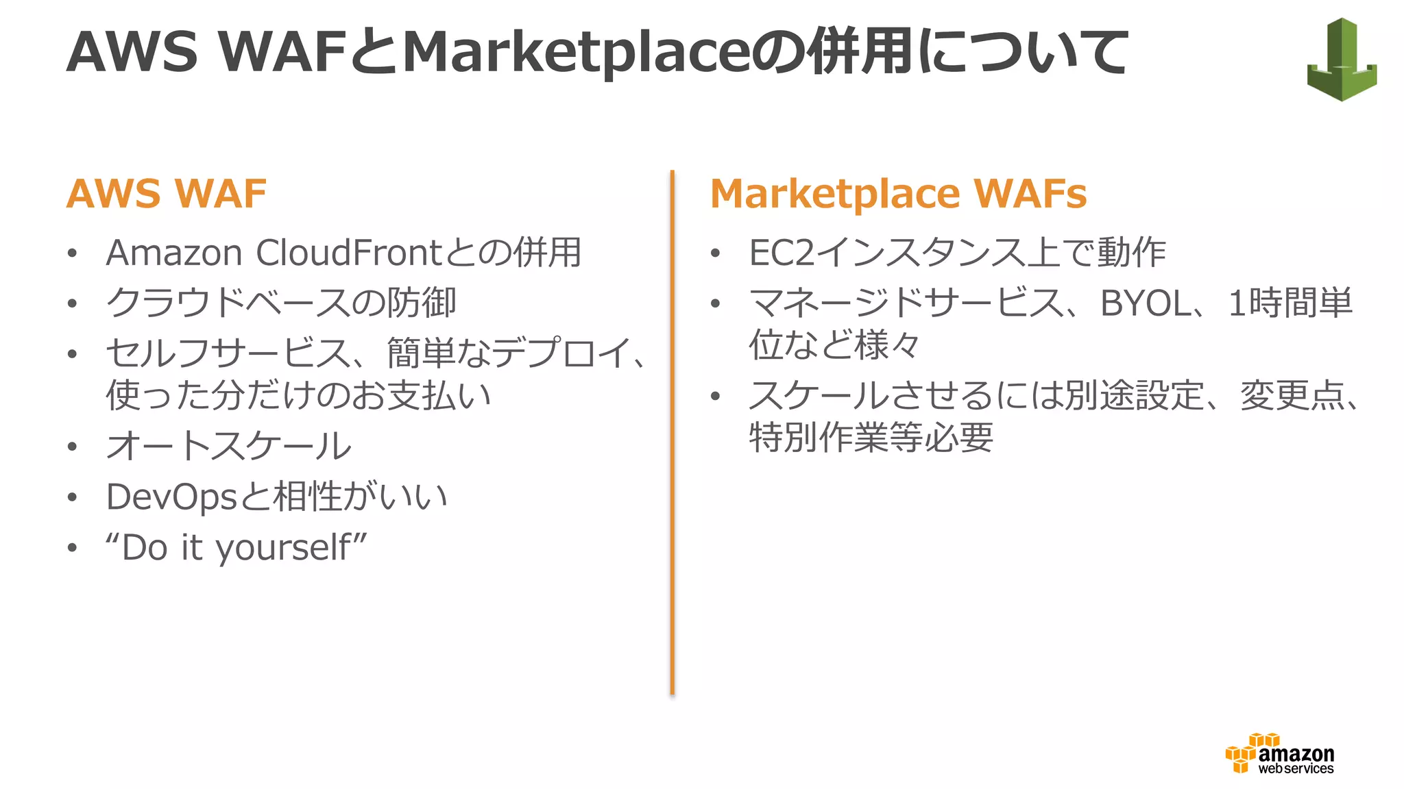 AWS WAF
• Amazon CloudFrontとの併用
• クラウドベースの防御
• セルフサービス、簡単なデプロイ、
使った分だけのお支払い
• オートスケール
• DevOpsと相性がいい
• “Do it yourself”
AWS WAFとMarketplaceの併用について
Marketplace WAFs
• EC2インスタンス上で動作
• マネージドサービス、BYOL、1時間単
位など様々
• スケールさせるには別途設定、変更点、
特別作業等必要
 