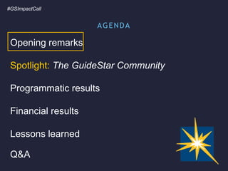 Opening remarks
Spotlight: The GuideStar Community
Programmatic results
Financial results
Lessons learned
Q&A
#GSImpactCall
AGENDA
 