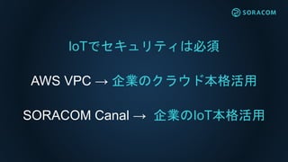 SORACOM Air モバイル通信
SORACOM Beam データ転送支援
SORACOM Canal プライベート接続
SORACOM Direct 専用線接続
SORACOM Endorse SIM認証
SORACOM Funnel クラウド連携
SORACOMプラットフォーム
 