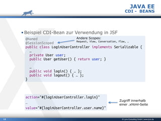 © Lynx-Consulting GmbH | www.lynx.de12
▪ Beispiel CDI-Bean zur Verwendung in JSF
JAVA EE
CDI - BEANS
@Named
@SessionScoped
public class LoginUserController implements Serializable {
…
private User user;
public User getUser() { return user; }
…
public void login() { … };
public void logout() { … };
}
action="#{loginUserController.login}"
…
value="#{loginUserController.user.name}"
Zugriff innerhalb
einer .xhtml-Seite
Andere Scopes:
Request, View, Conversation, Flow, …
 