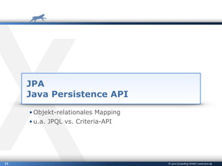 © Lynx-Consulting GmbH | www.lynx.de13
JPA
Java Persistence API
▪ Objekt-relationales Mapping
▪ u.a. JPQL vs. Criteria-API
 