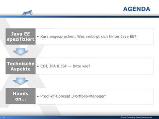 © Lynx-Consulting GmbH | www.lynx.de2
AGENDA
Hands 
on…
Java EE
spezifiziert
▪ Kurz angesprochen: Was verbirgt sich hinter Java EE?
Technische
Aspekte
▪ CDI, JPA & JSF — Bitte wie?
▪ Proof-of-Concept „Portfolio-Manager“
 