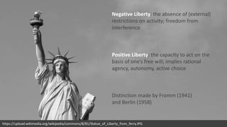 Negative Liberty: the absence of (external)
restrictions on activity; freedom from
interference
Positive Liberty: the capacity to act on the
basis of one’s free will; implies rational
agency, autonomy, active choice
Distinction made by Fromm (1941)
and Berlin (1958)
https://upload.wikimedia.org/wikipedia/commons/8/81/Statue_of_Liberty_from_ferry.JPG
 