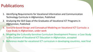 Publications
1. Identifying Requirements for Vocational Information and Communication
Technology Curricula in Afghanistan, Published
2. Analyzing the Skill Gaps of the Graduates of Vocational ICT Programs in
Afghanistan, Published
3. Scenario-based Design and Conceptual Modeling on Vocational ICT Curricula: a
Case Study in Afghanistan, under work
4. Modeling the Culturally-Sensitive Curriculum Development Process: a Case Study
in the Context of Vocational ICT Education in Afghanistan, accepted
5. Reference model for vocational ICT curriculum in developing countries, next final
 